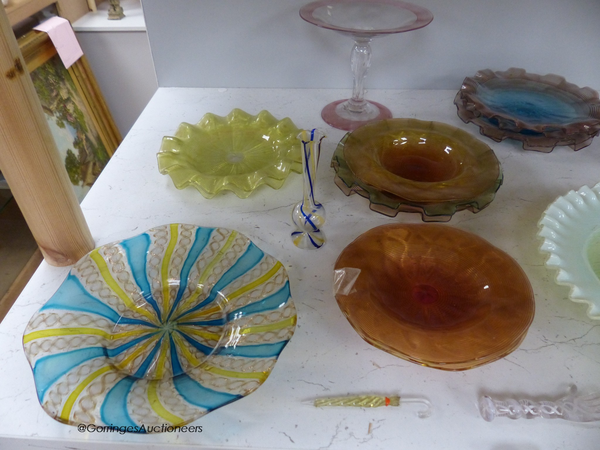 A collection of Venetian glass dishes and vases, etc.